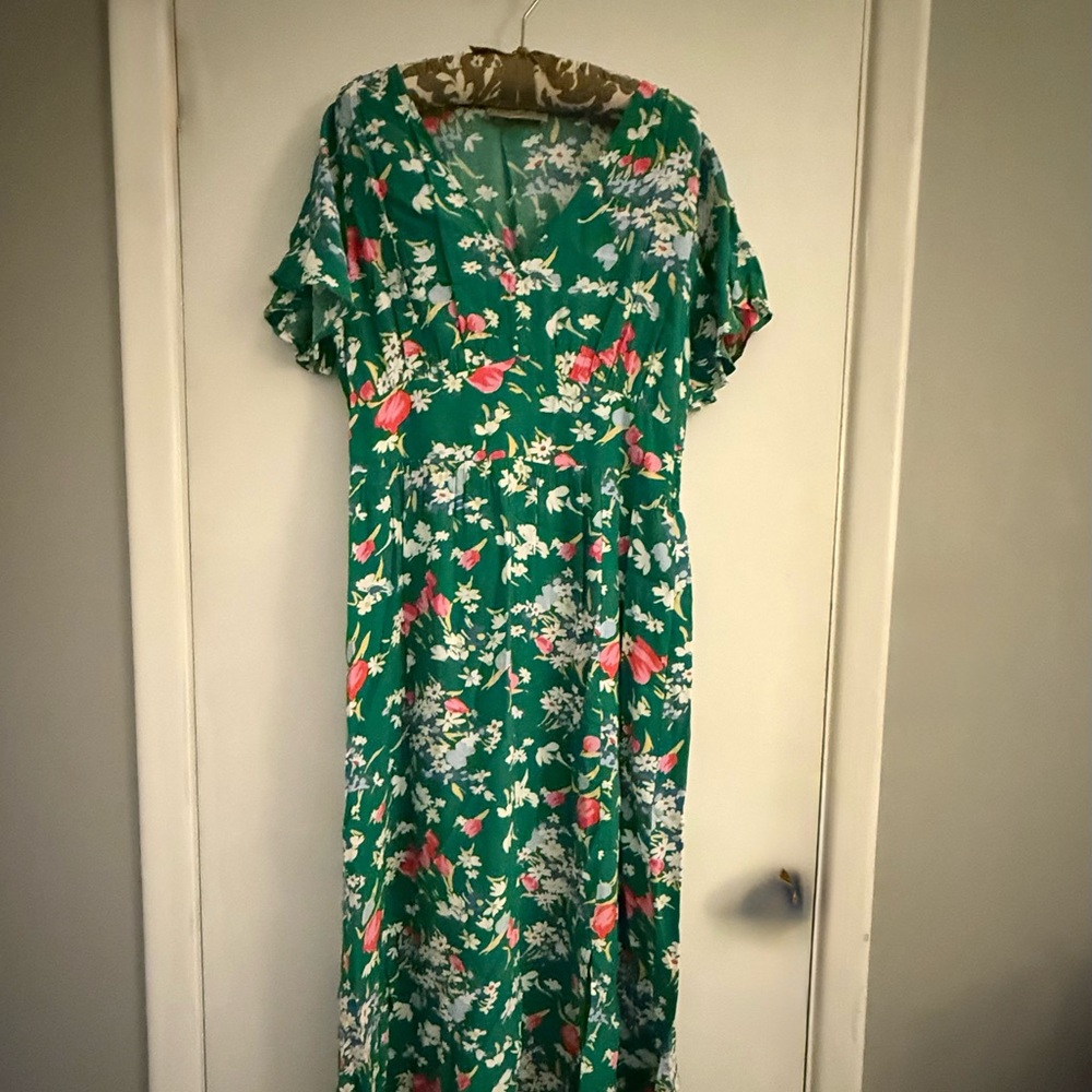 LOFT Green Floral Maxi Dress with Pink & White Accents